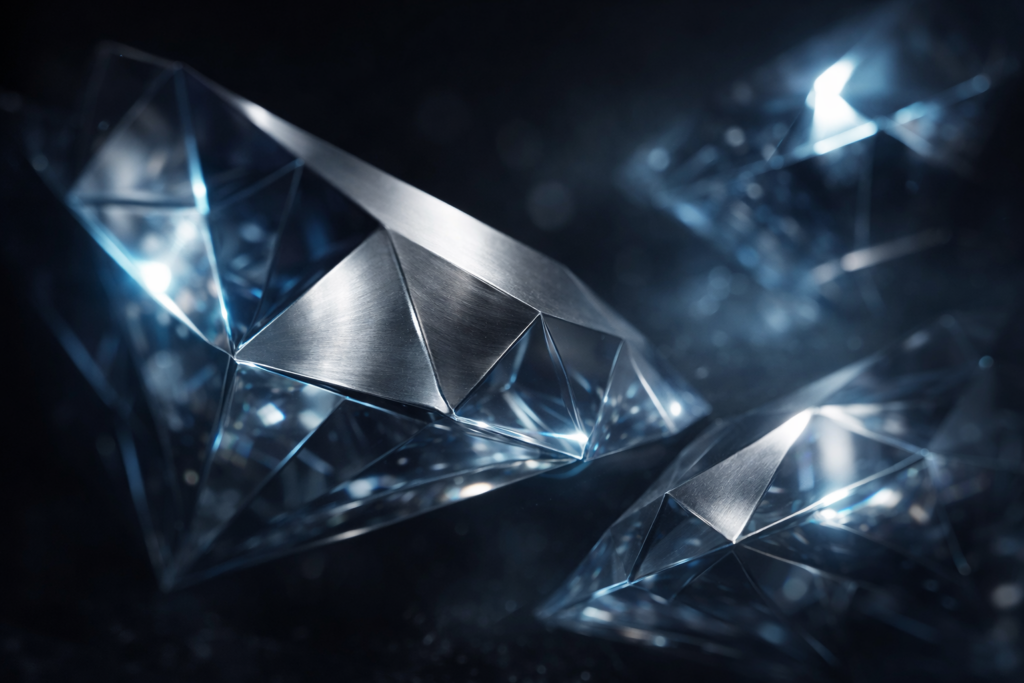 Close-up of metallic diamond facets with sharp geometric reflections in a dark environment.