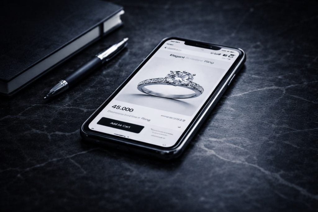 Smartphone displaying a luxury engagement ring product page on a dark-themed eCommerce website.
