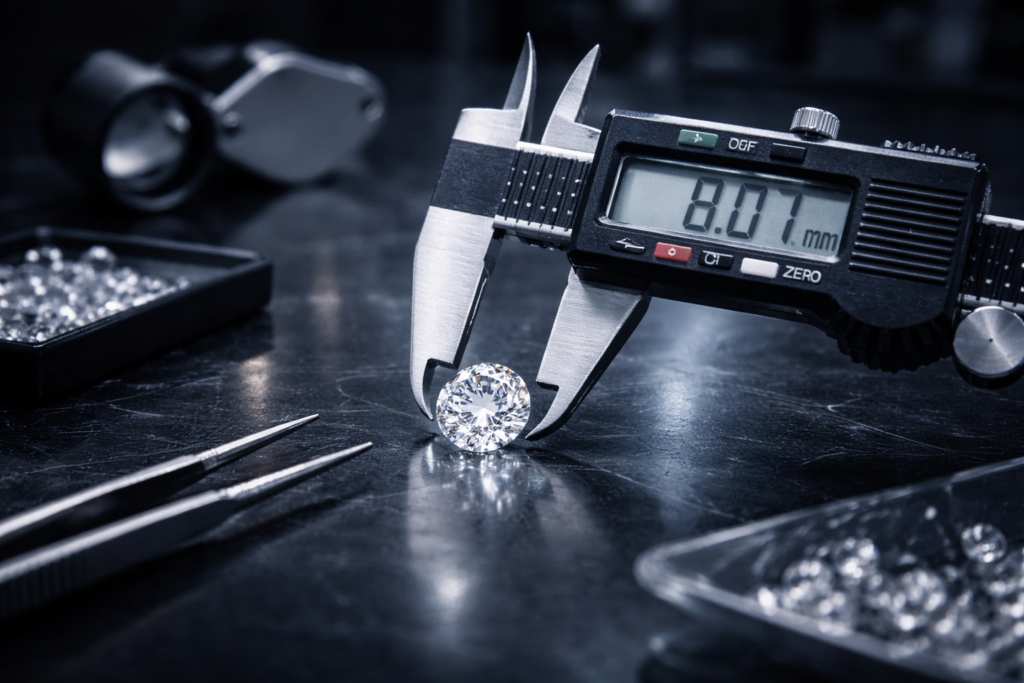 Round brilliant diamond being measured with a digital caliper in a controlled gemological lab environment.